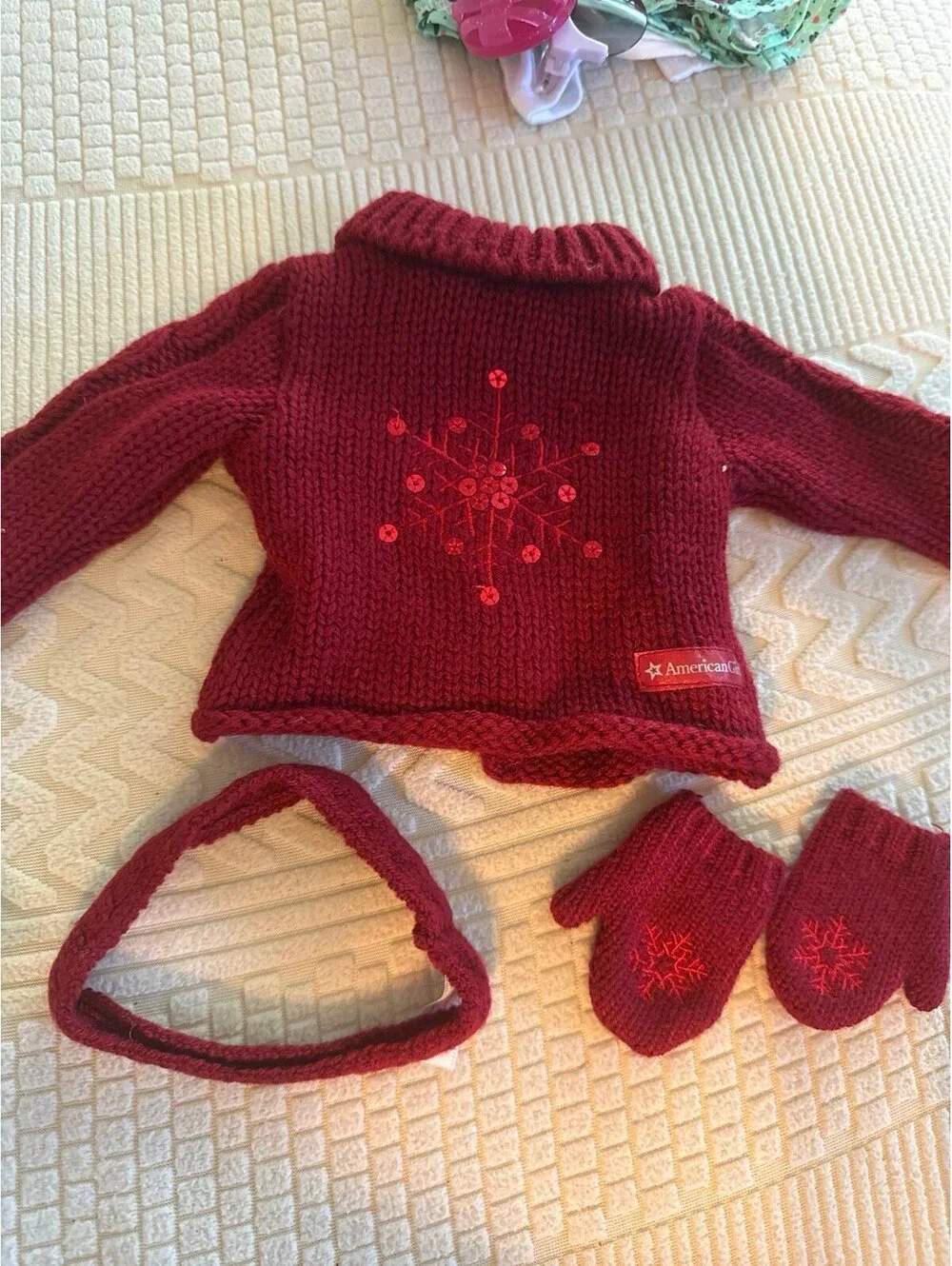 AMERICAN GIRL Holiday Sweater Set-Red Sweater Headband Mittens retired 2009